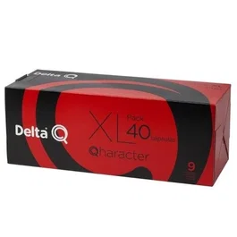 Delta Cápsula de café Qharacter 6254023 para cafeteras Delta, Caja de 40 unidades, café intenso con notas de caramelo y frutos secos, mezcla Costa de Marfil, Colombia, Brasil
